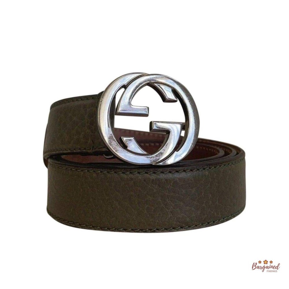 Authentic GUCCI Greenish-Gray Leather Silver Interlocking G Buckle Belt 85/34